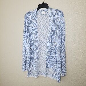 Chico's Linen Cotton Cardigan Sweater‎ 2 L Blue White Zebra Lace Crochet Trim